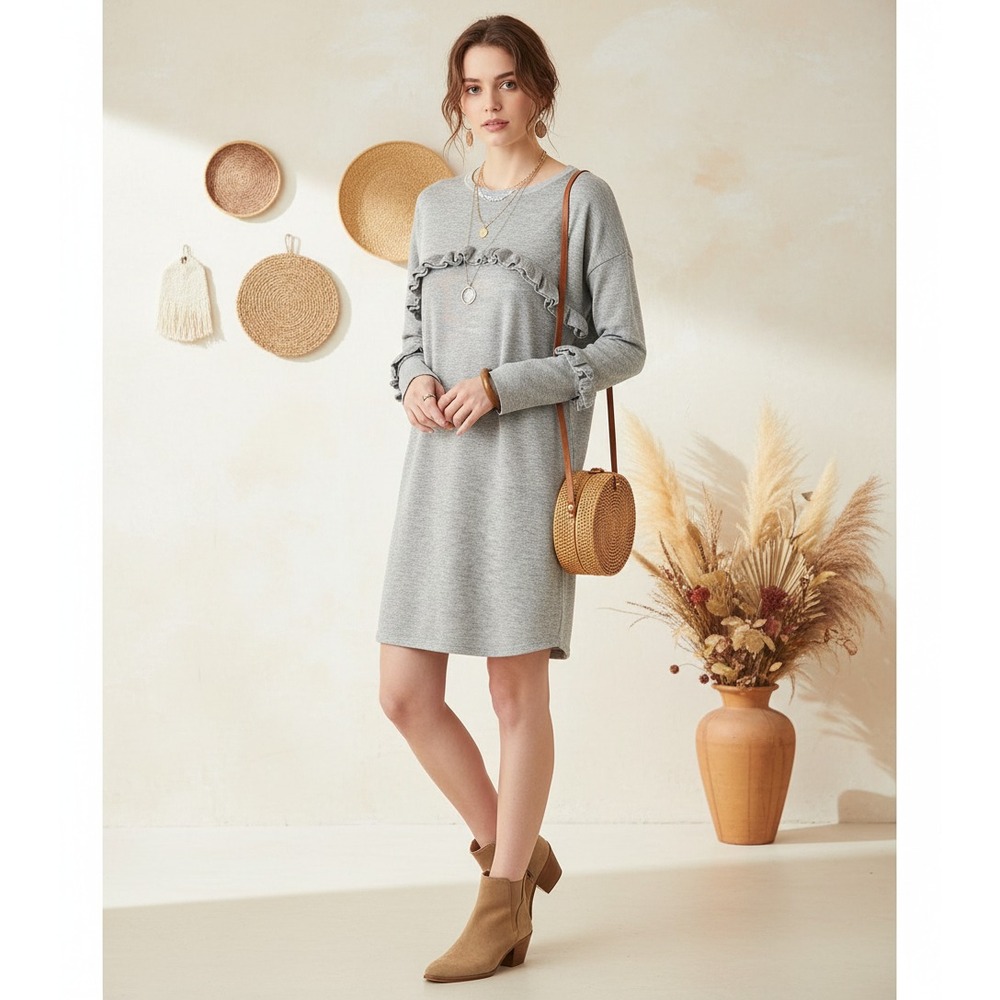 NEW Solutions M‎ Sweater Dress Gray Ruffle Mini Cozy Cottage Boho Coastal Comfy